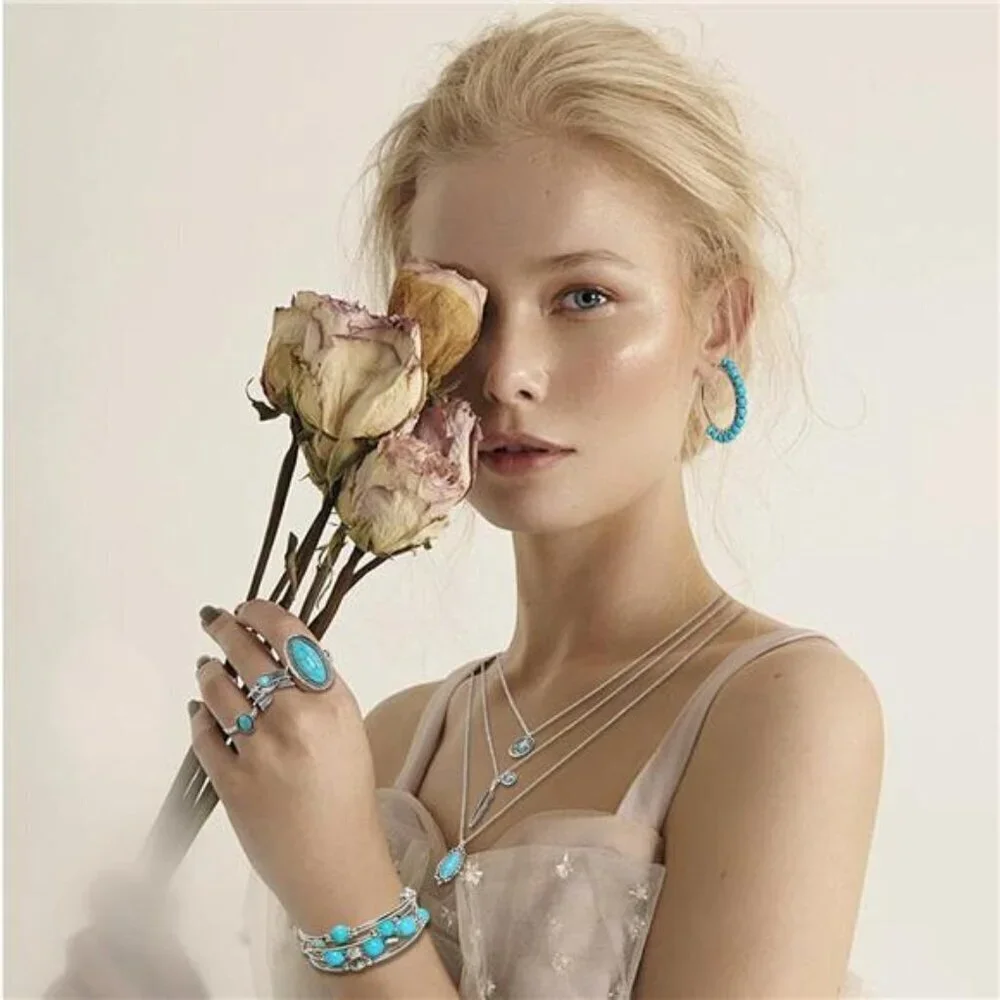 7PCS Boho South Western Turquoise Jewelry Set Turquoise Necklace Earrings Ring